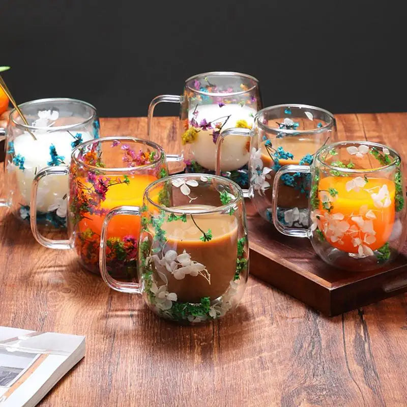 Double Wall Glass Mugs Dried Flower Coffee Glass Mug Beverage Glasses Tea Mug Cups Double Wall Glass Mug for Cold