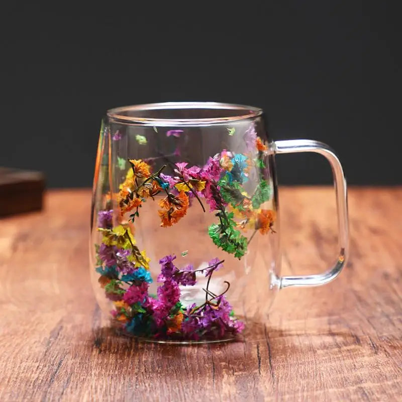 Double Wall Glass Mugs Dried Flower Coffee Glass Mug Beverage Glasses Tea Mug Cups Double Wall Glass Mug for Cold