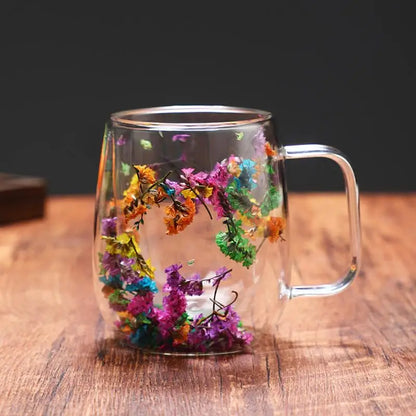 Double Wall Glass Mugs Dried Flower Coffee Glass Mug Beverage Glasses Tea Mug Cups Double Wall Glass Mug for Cold