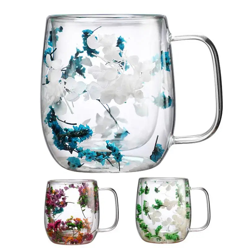 Double Wall Glass Mugs Dried Flower Coffee Glass Mug Beverage Glasses Tea Mug Cups Double Wall Glass Mug for Cold