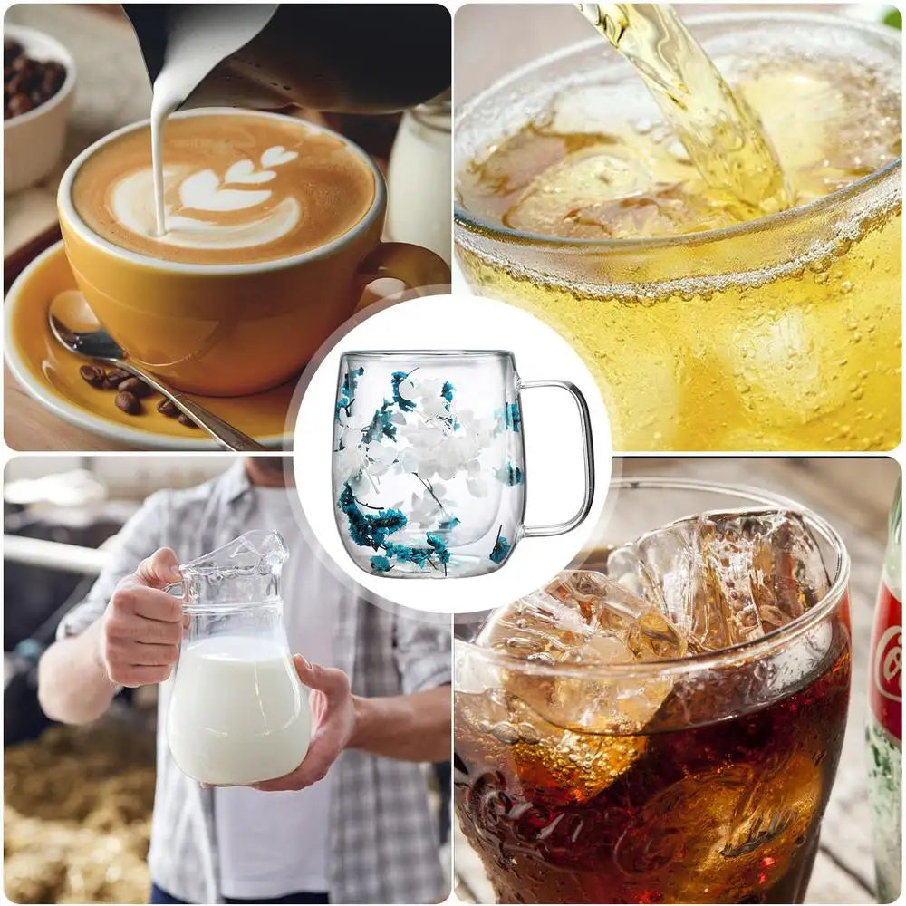 Double Wall Glass Mugs Dried Flower Coffee Glass Mug Beverage Glasses Tea Mug Cups Double Wall Glass Mug for Cold