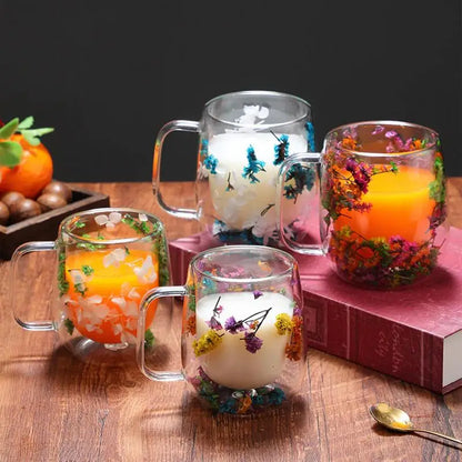 Double Wall Glass Mugs Dried Flower Coffee Glass Mug Beverage Glasses Tea Mug Cups Double Wall Glass Mug for Cold